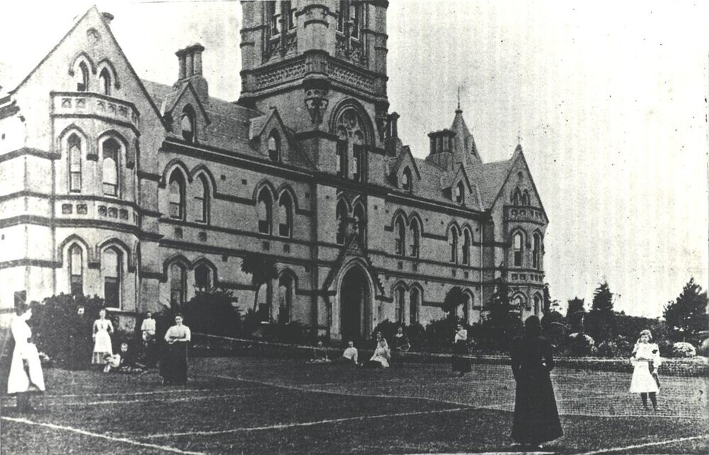 Tennis on Lawn in front of Main Building, c.1890