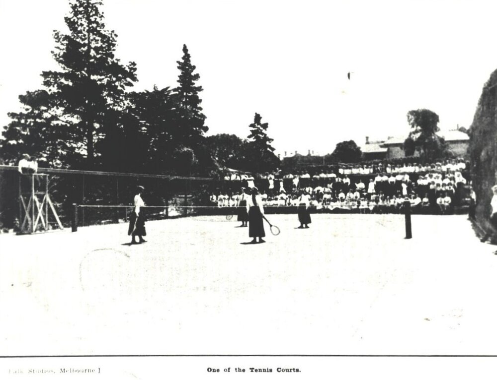 Tennis Court with stand and spectators, c.1910