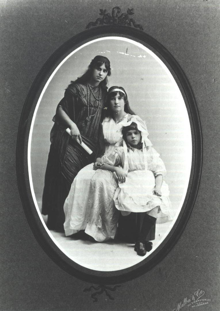 Dora, Vida and Edna Pryor dressed for MLC Pageant, c.1913-14