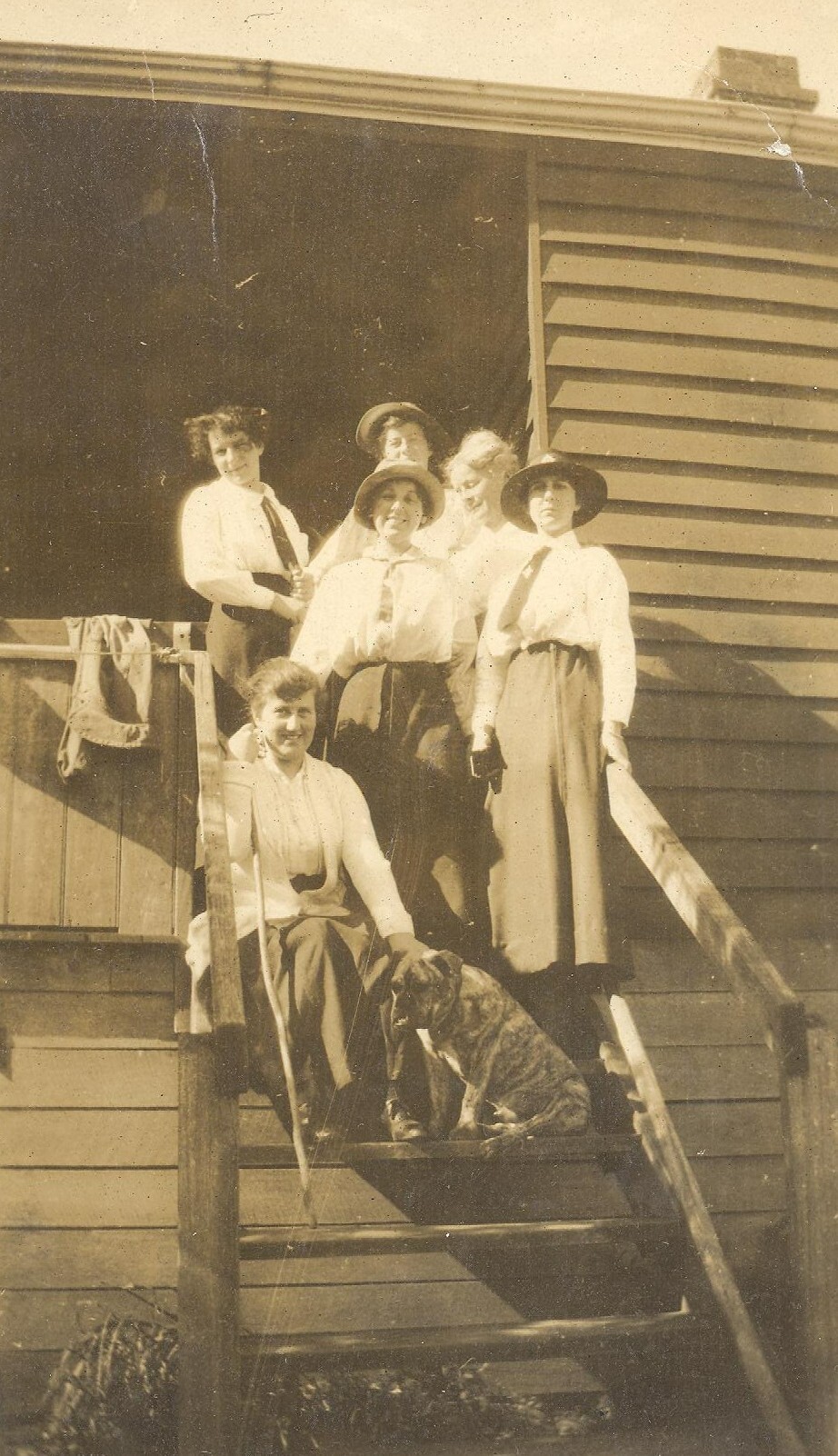 Photo of 6 students in uniform, possibly hiking trip on steps, with dog, c.1916-1917