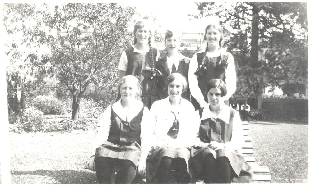 Photo of six girls on front lawn c.1925 - 1926