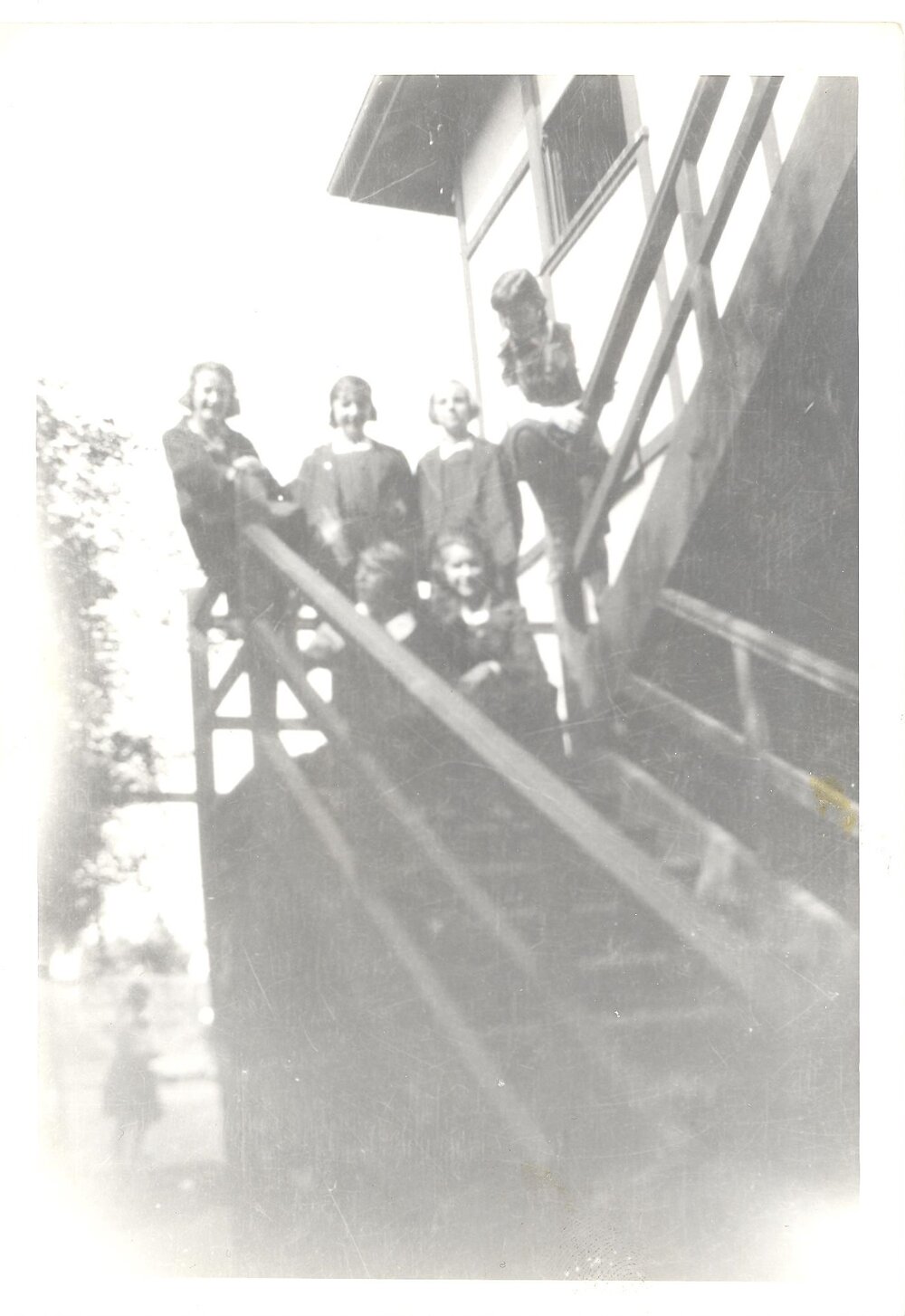 Students on steps of Girls' Block, c.1925 - 1926