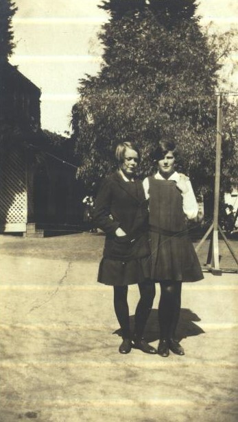 Cecile Goldie and Unidentified in front of Baths Building, 1927
