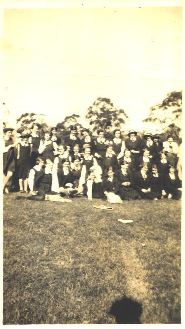 Group in front of gum trees - possibly on excursion, 1934