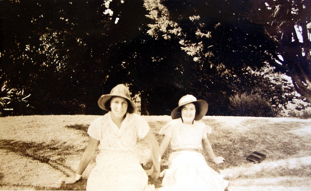 Photo of students "Betty" and Olive [Spicer] in Botanical  Gardens, c1932 or 1933