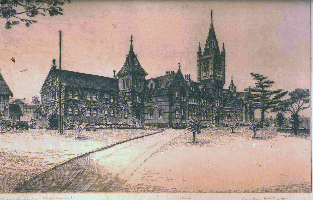 Etching of Main Building by Austin H. Platt, c.1934