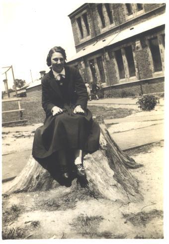 Joan Bairstow near Girls' Block, 1935
