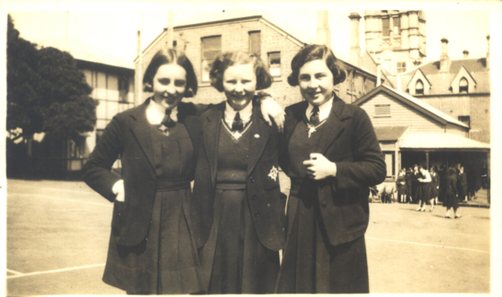 Shirley Brown, Edna Hay and Friend in Quadrangle, 1936