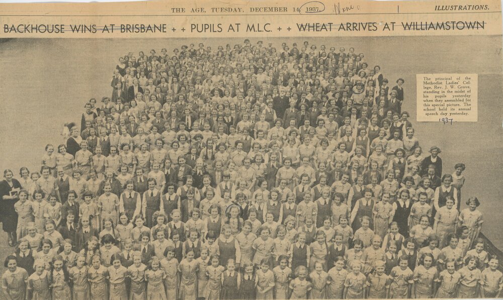 Photograph (newsclipping) of MLC students &amp; Rev Grove from The Age, 14 December 1937