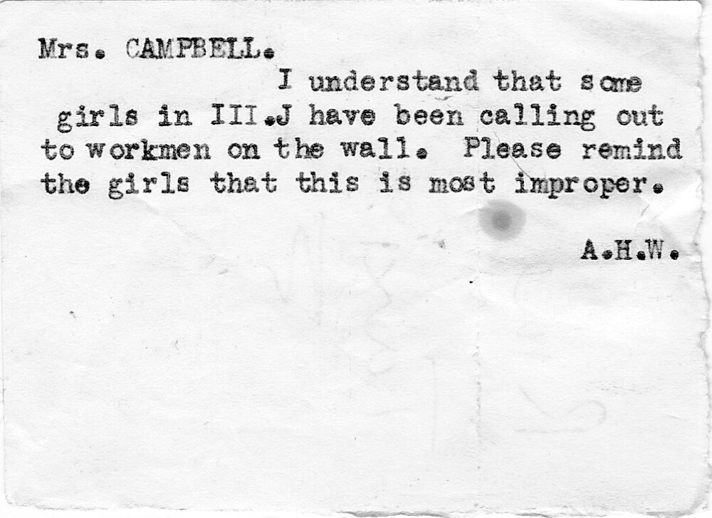 Typed note from Dr Wood to teacher Dr Ruth Campbell, c.1940s-1960s