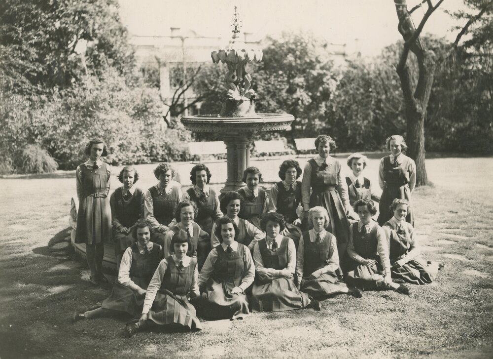Photo of Prefects in front of the school fountain, autographed by all, 1943