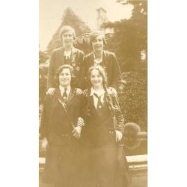 Photo of four students, including Gwen Lardner, by fountain, 1923