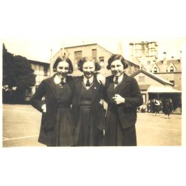 Shirley Brown, Edna Hay and Friend in Quadrangle, 1936
