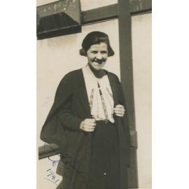Photo of physics & chemistry teacher Hazel Parker on the MLC Laboratory Steps, 1941
