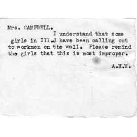 Typed note from Dr Wood to teacher Dr Ruth Campbell, c.1940s-1960s